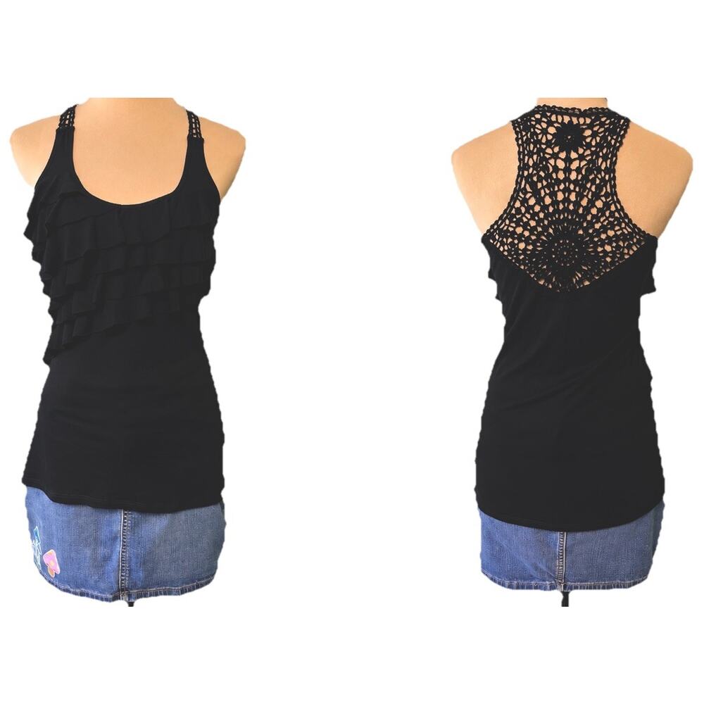 Y2K Almost Famous Crochet Back Tank Ruffles Medium 2000s Black Punk Emo Clubwear